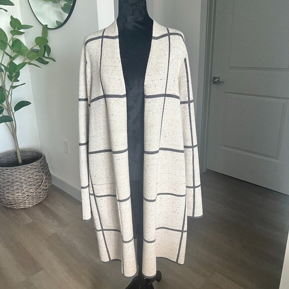 Eileen Fisher Long Wool & Organic Cotton Windowpane Sweater Sz XL Classic Cozy - Picture 1 of 8